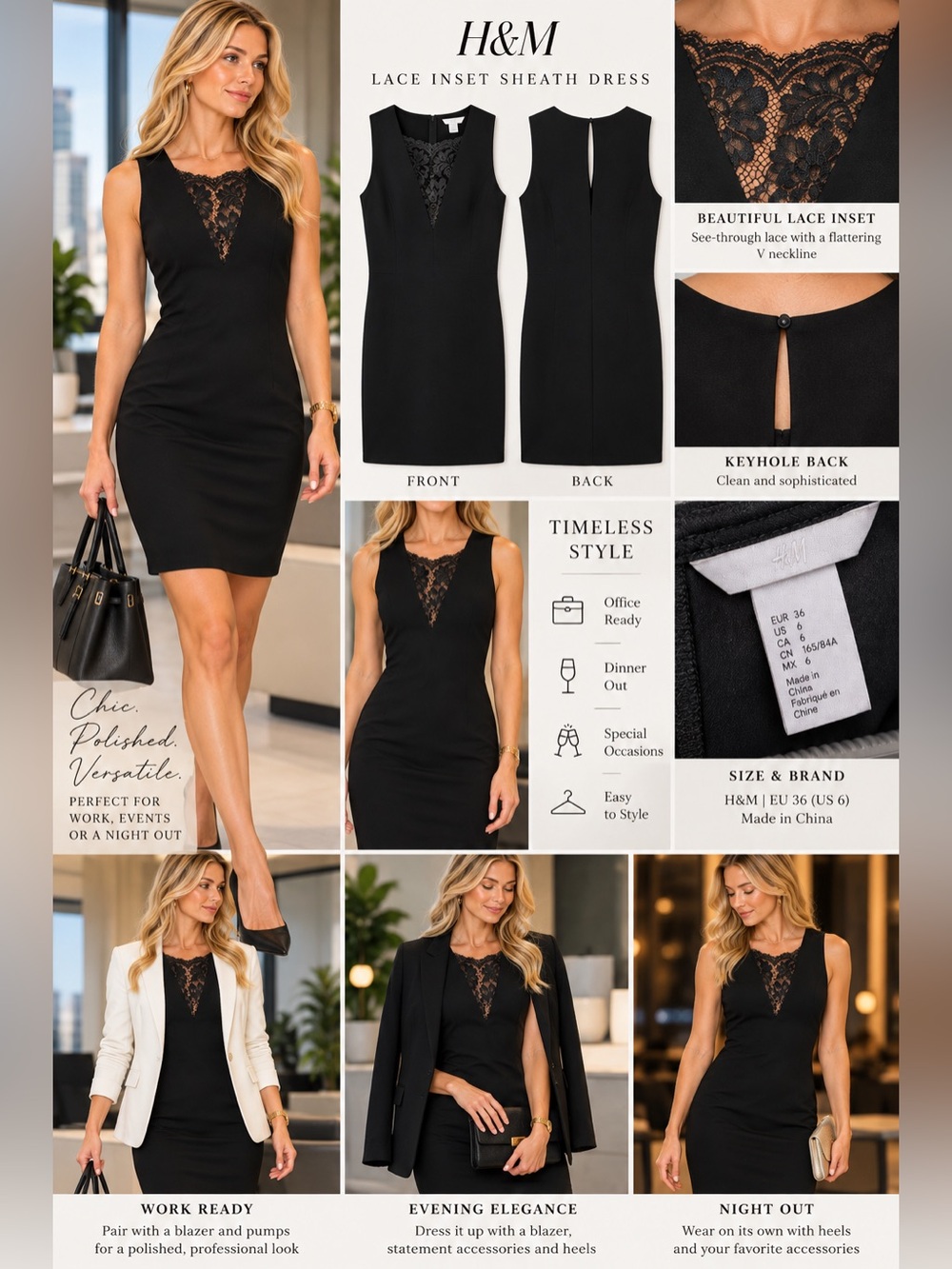 🖤 H&M Black Lace-Inset Sheath Dress | Size 6 - Office to Cocktail